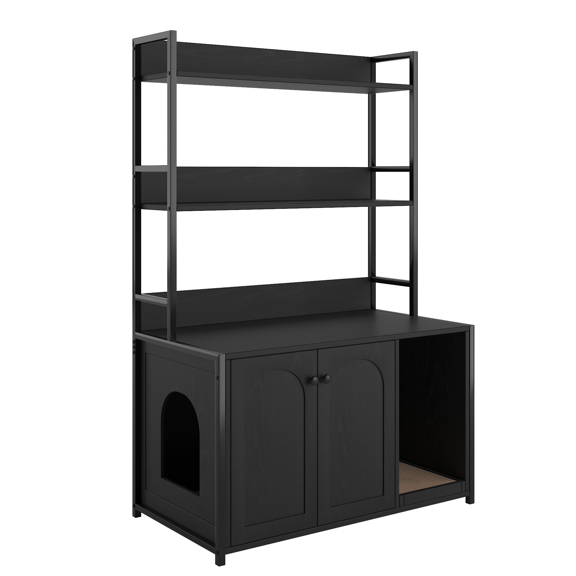Large Cat Litter Box Enclosure With Shelf Storage, Hidden Cat Washroom Furniture, Wooden Cat House With Scratch Pad, Sturdy Indoor Cat Cabinet With 2 Doors(Brown)