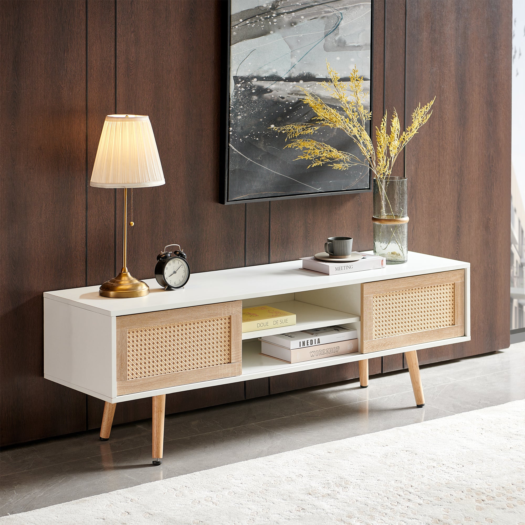 55.12" Rattan TV cabinet, double sliding doors for storage, adjustable shelf