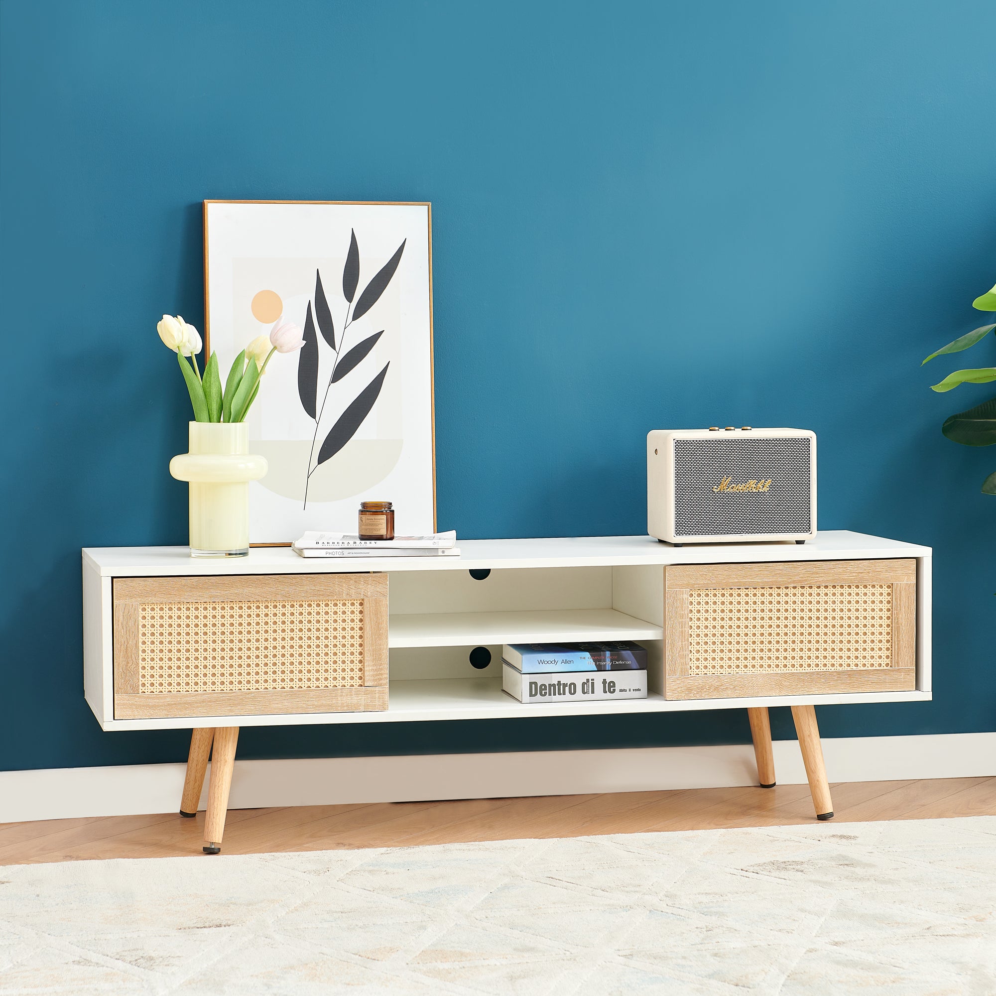 55.12" Rattan TV cabinet, double sliding doors for storage, adjustable shelf – view 8