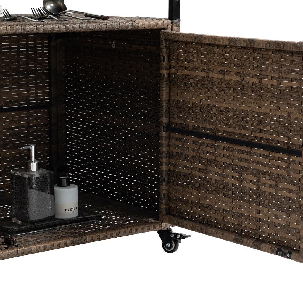 Outdoor Wicker Bar Cart, Patio Wine Serving Cart w/Wheels – view 7