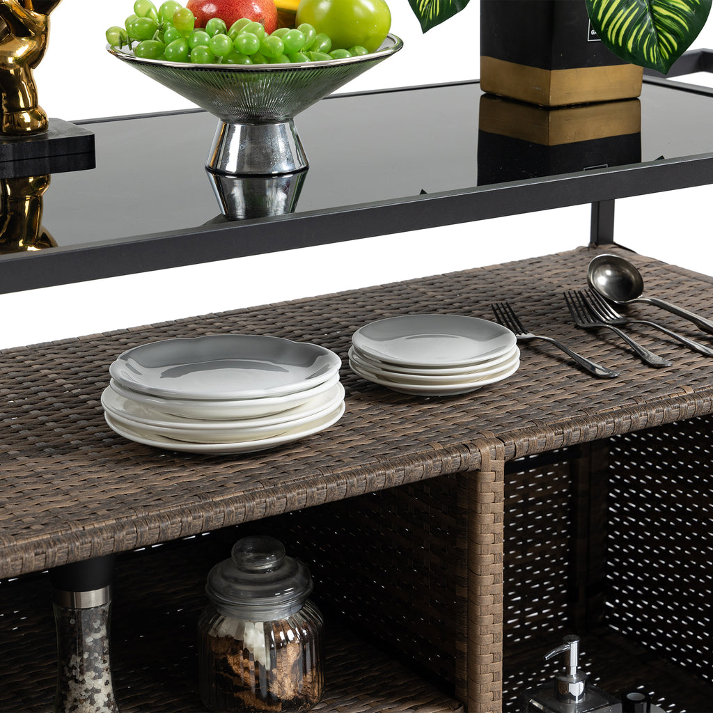 Outdoor Wicker Bar Cart, Patio Wine Serving Cart w/Wheels – view 5