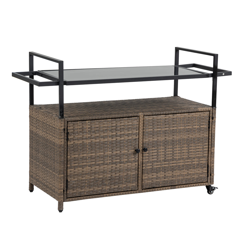 Outdoor Wicker Bar Cart, Patio Wine Serving Cart w/Wheels – view 4