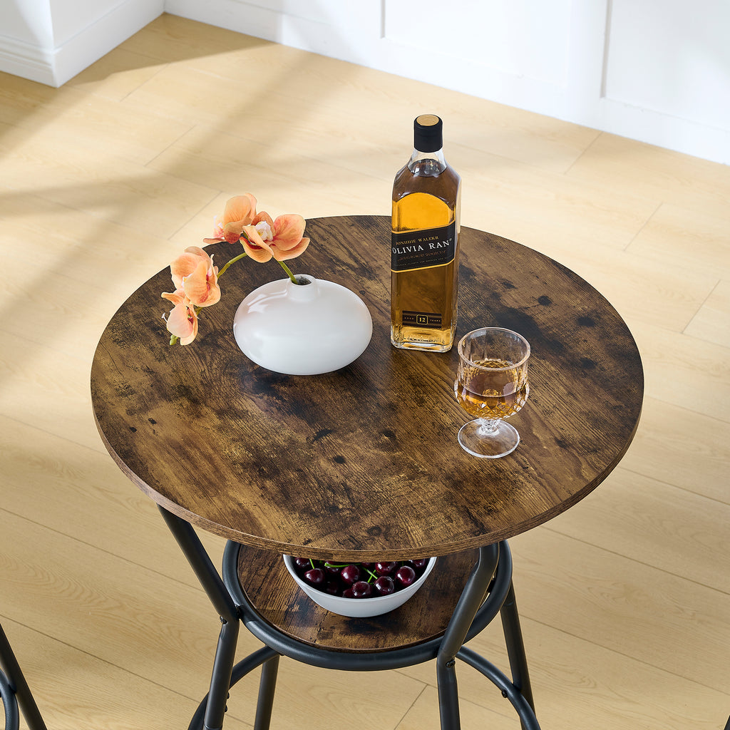 Round bar table and stool set with shelf, upholstered stool with backrest, Rustic Brown – view 5
