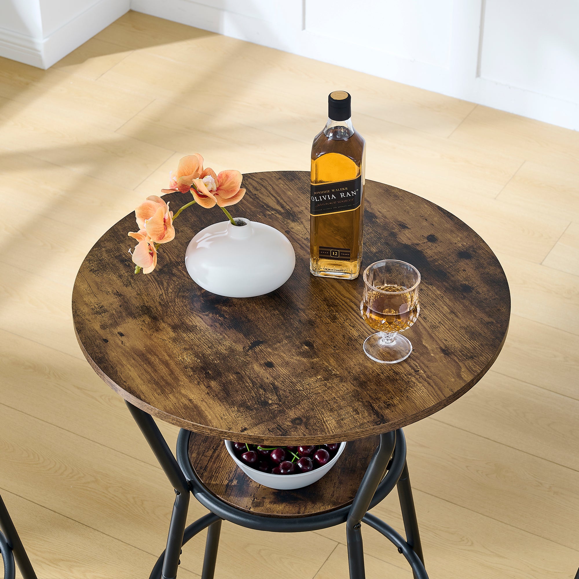 Round bar table and stool set with shelf, upholstered stool with backrest, Rustic Brown – view 5