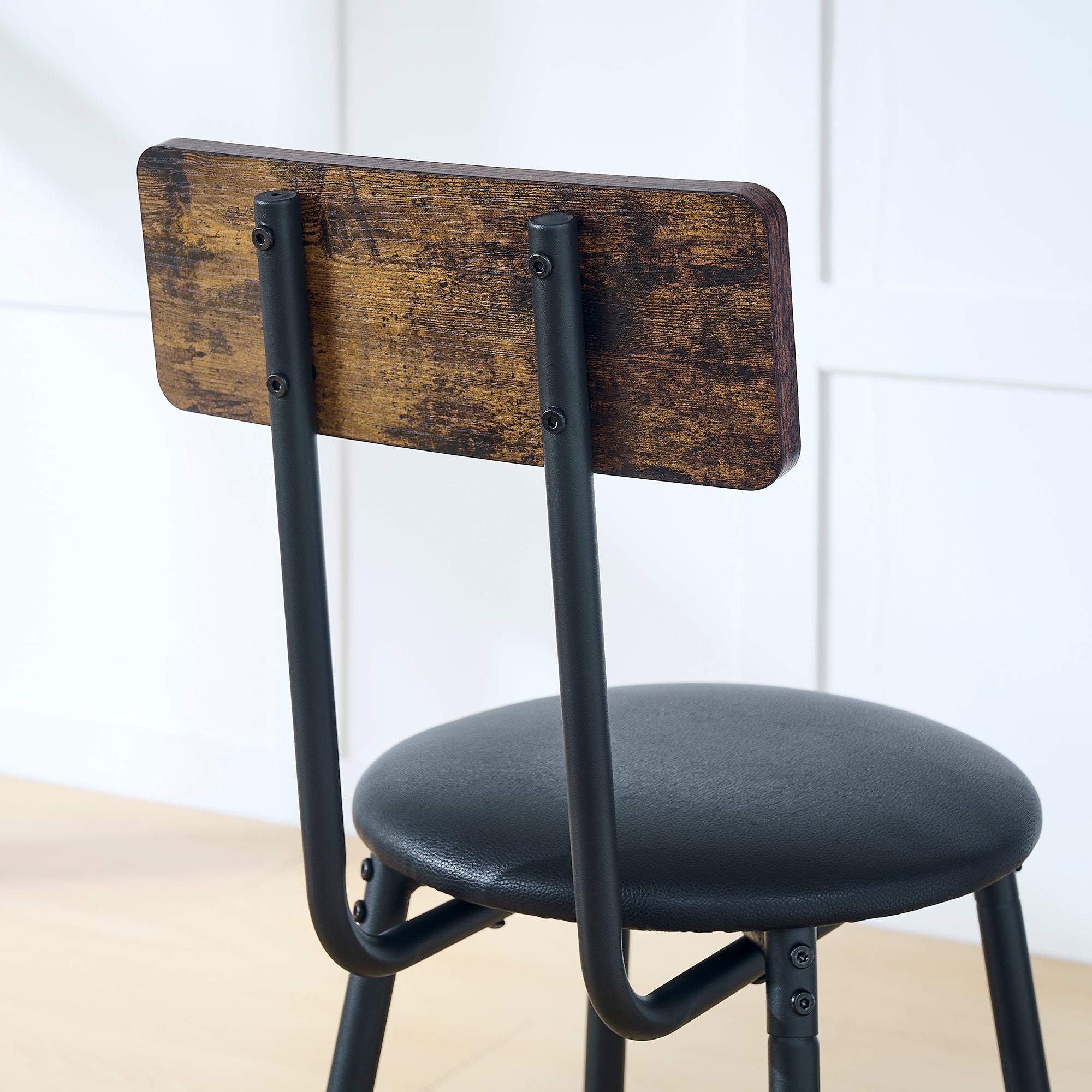 Round bar table and stool set with shelf, upholstered stool with backrest, Rustic Brown – view 8