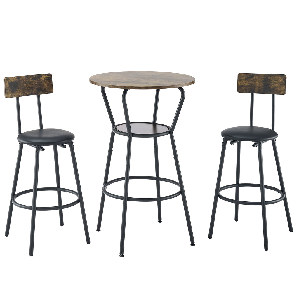 Round bar table and stool set with shelf, upholstered stool with backrest, Rustic Brown – view 3