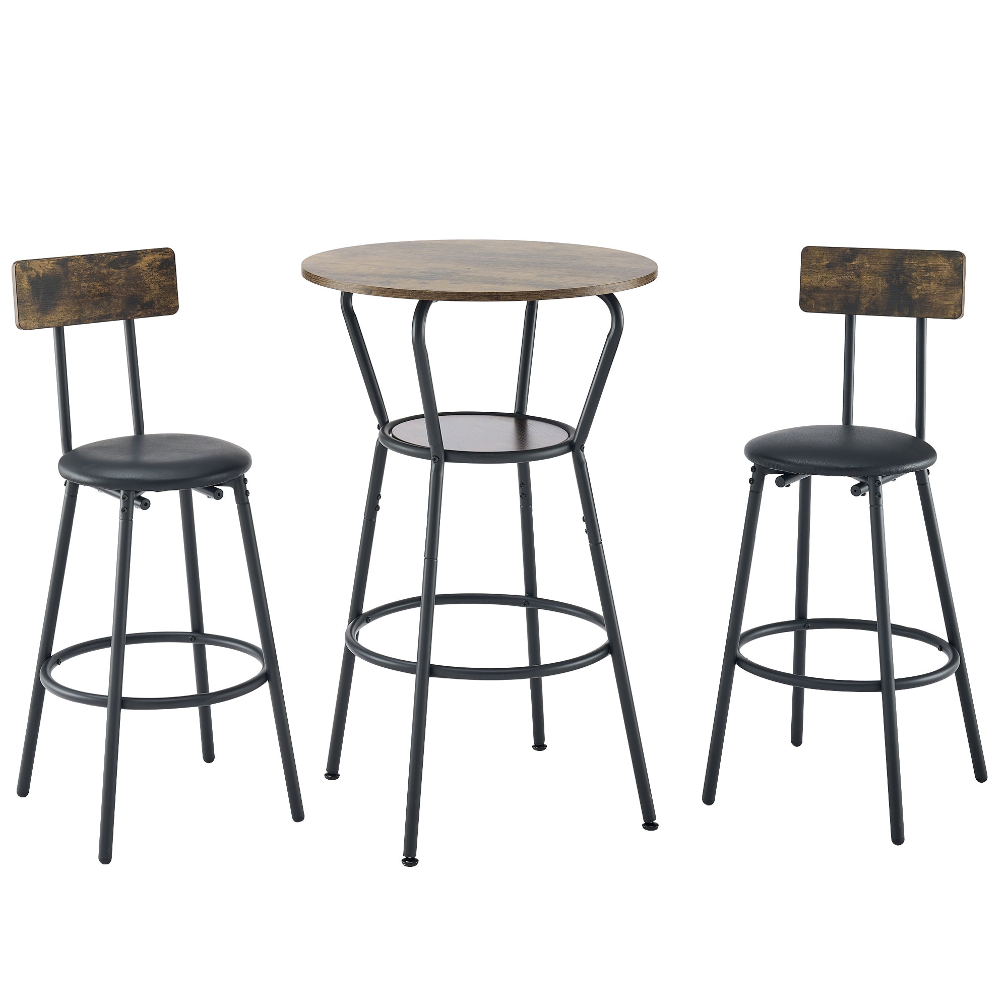 Round bar table and stool set with shelf, upholstered stool with backrest, Rustic Brown – view 3