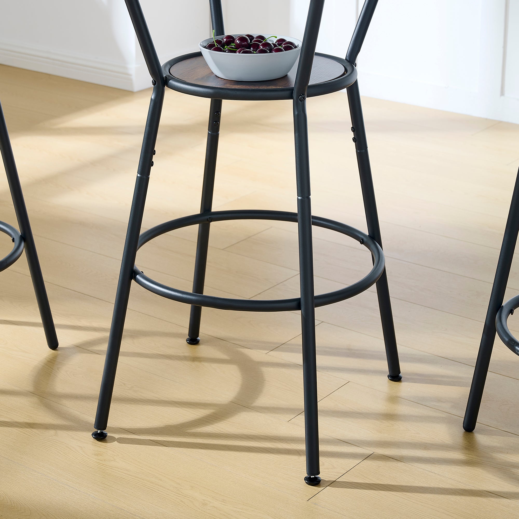Round bar table and stool set with shelf, upholstered stool with backrest, Rustic Brown – view 9
