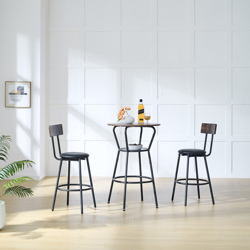 Round bar table and stool set with shelf, upholstered stool with backrest, Rustic Brown – view 2