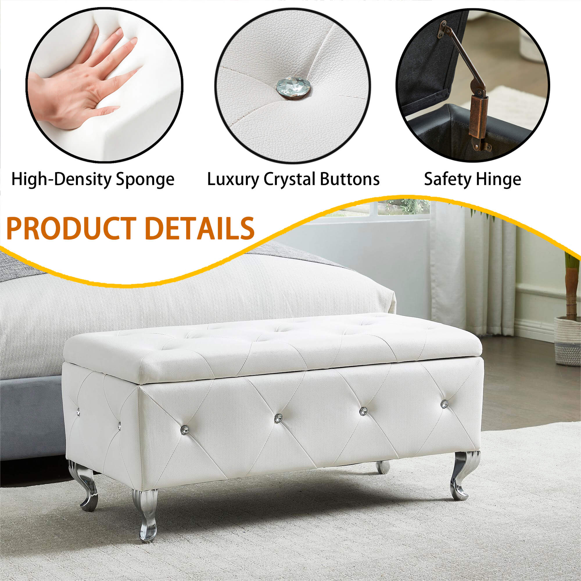 Upholstered Storage Ottoman Bench For Bedroom End Of Bed Faux Leather Rectangular Storage – view 5