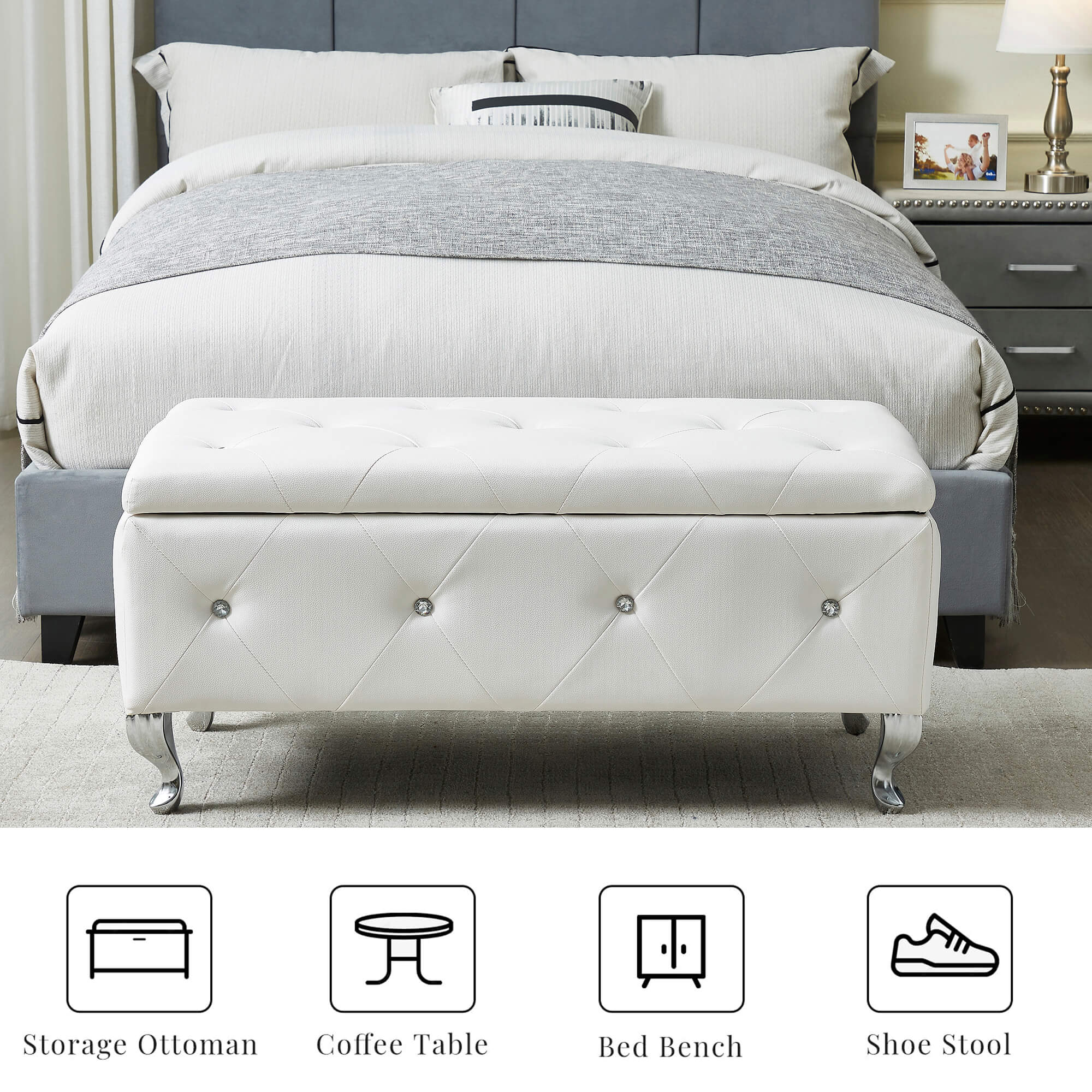 Upholstered Storage Ottoman Bench For Bedroom End Of Bed Faux Leather Rectangular Storage – view 6