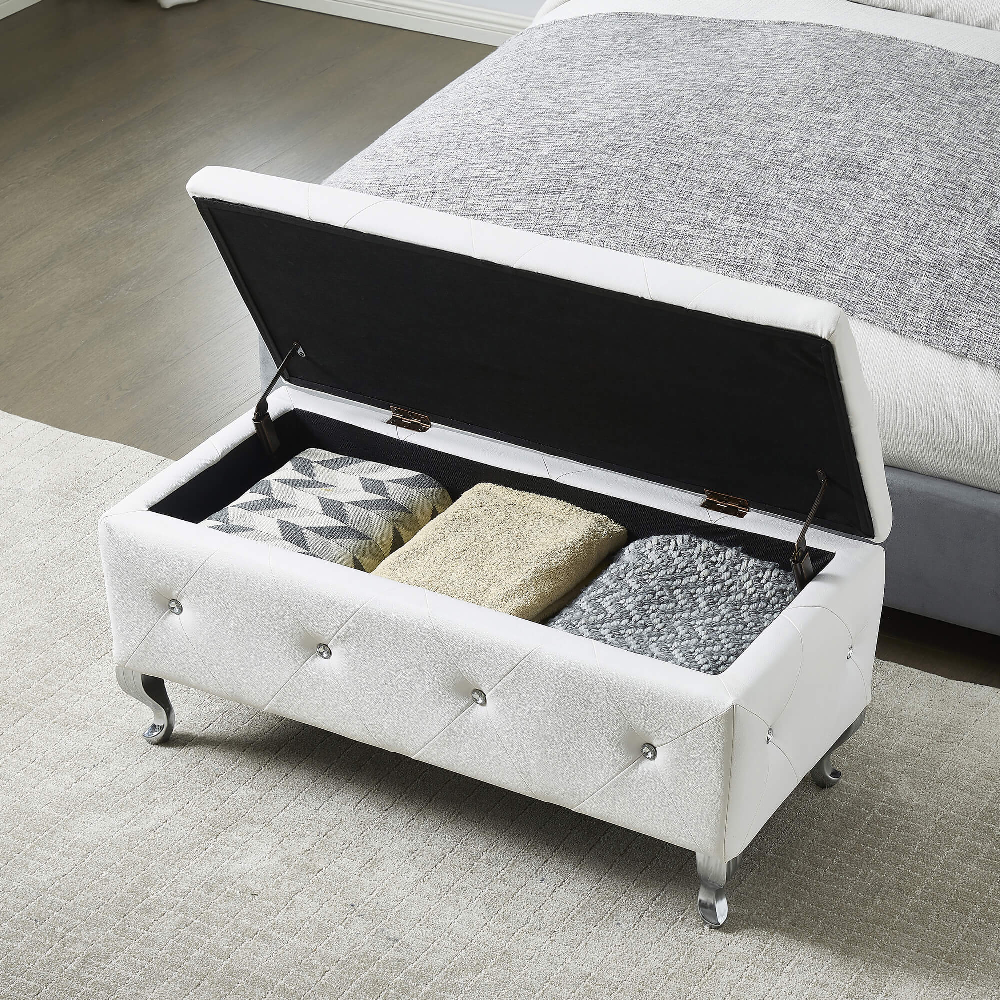 Upholstered Storage Ottoman Bench For Bedroom End Of Bed Faux Leather Rectangular Storage