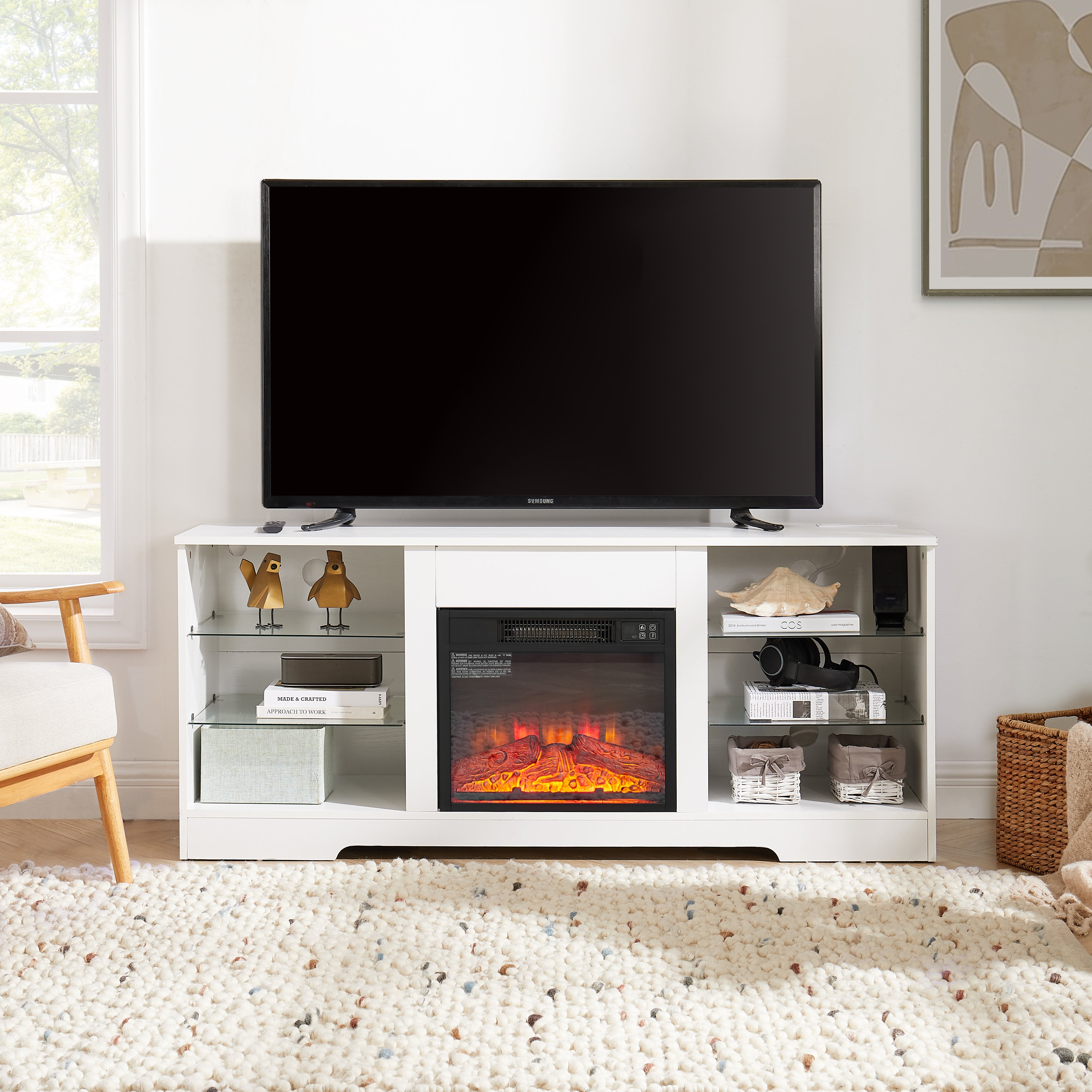 TV Stand Electric Fireplace TV Stand with Glass Shelves – view 4