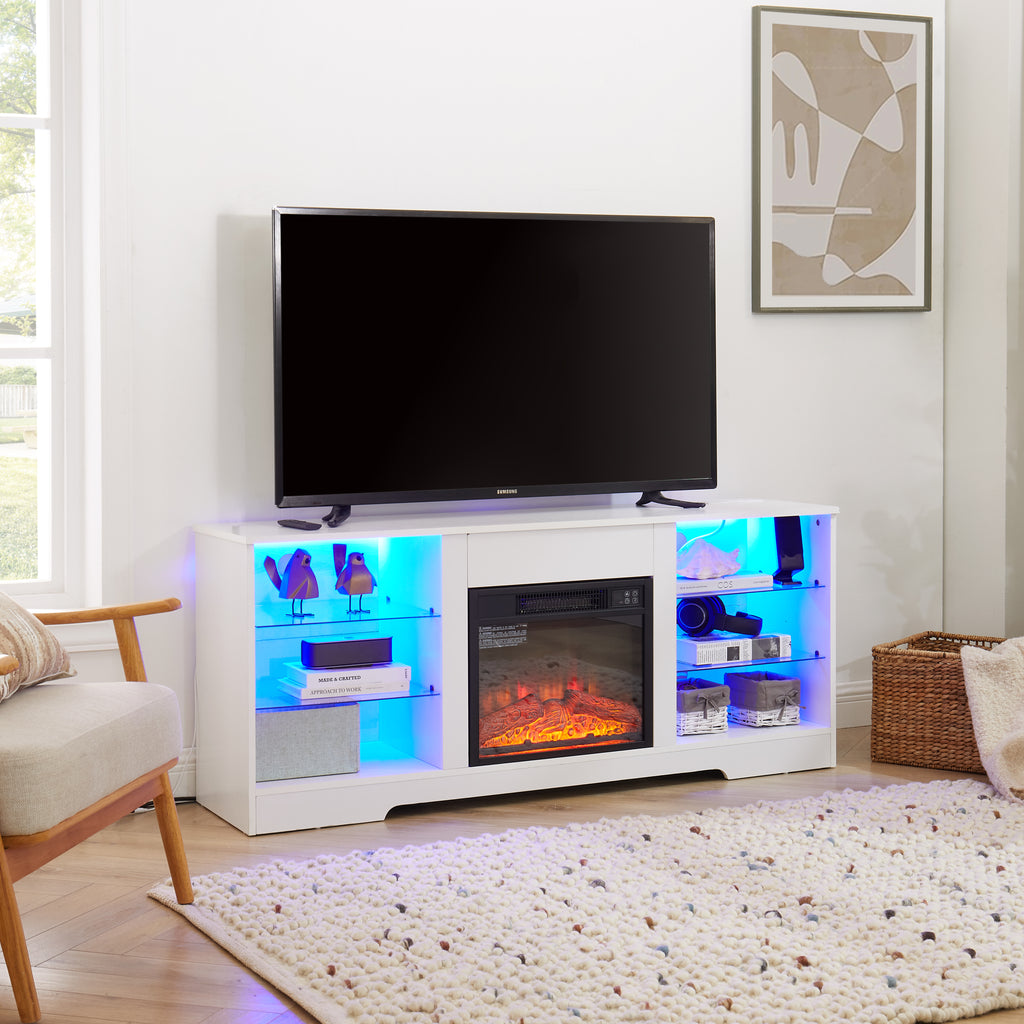 TV Stand Electric Fireplace TV Stand with Glass Shelves – view 6