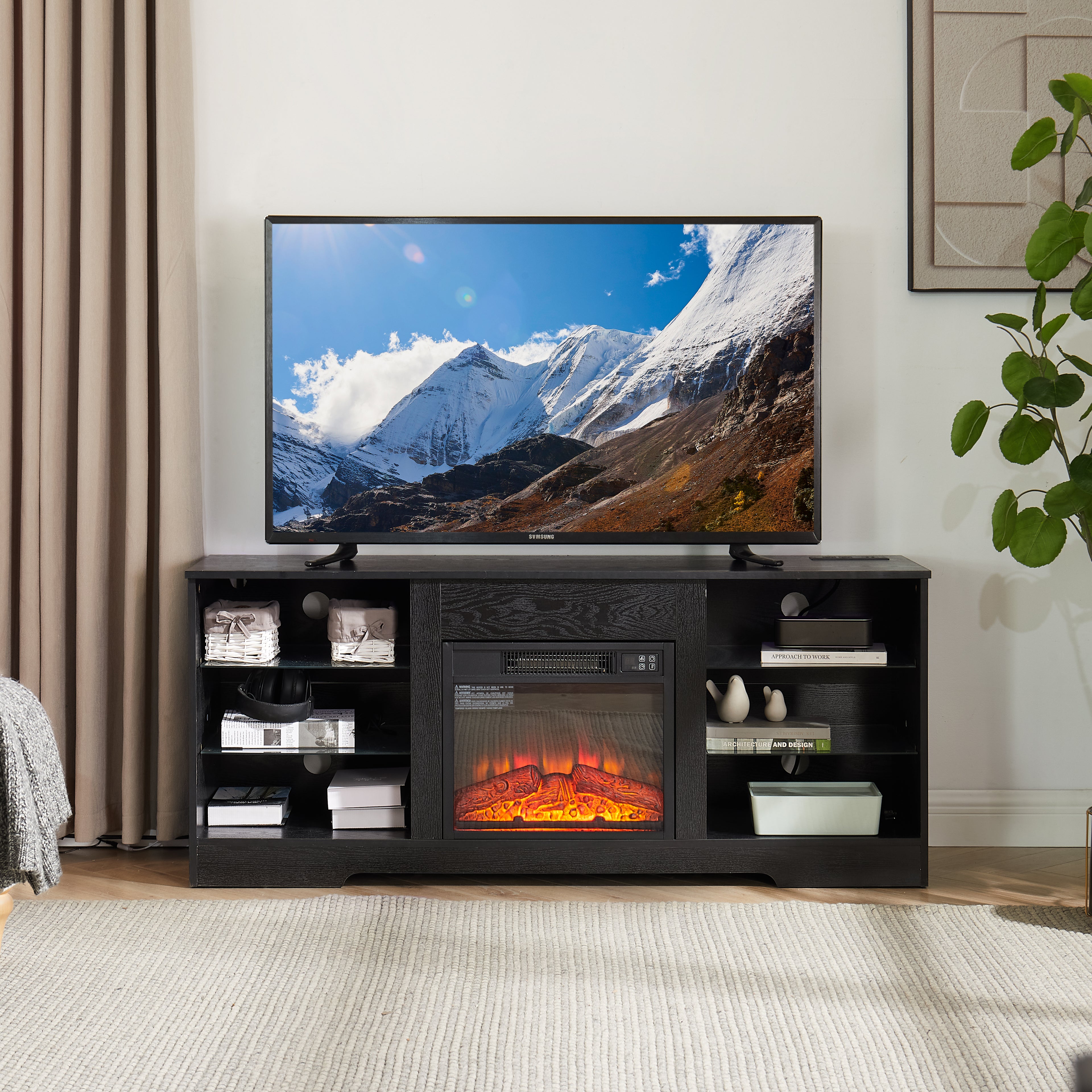 TV Stand Electric Fireplace TV Stand with Glass Shelves – view 10