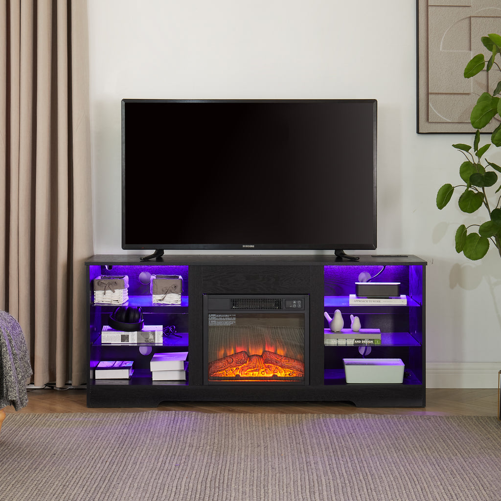 TV Stand Electric Fireplace TV Stand with Glass Shelves – view 11
