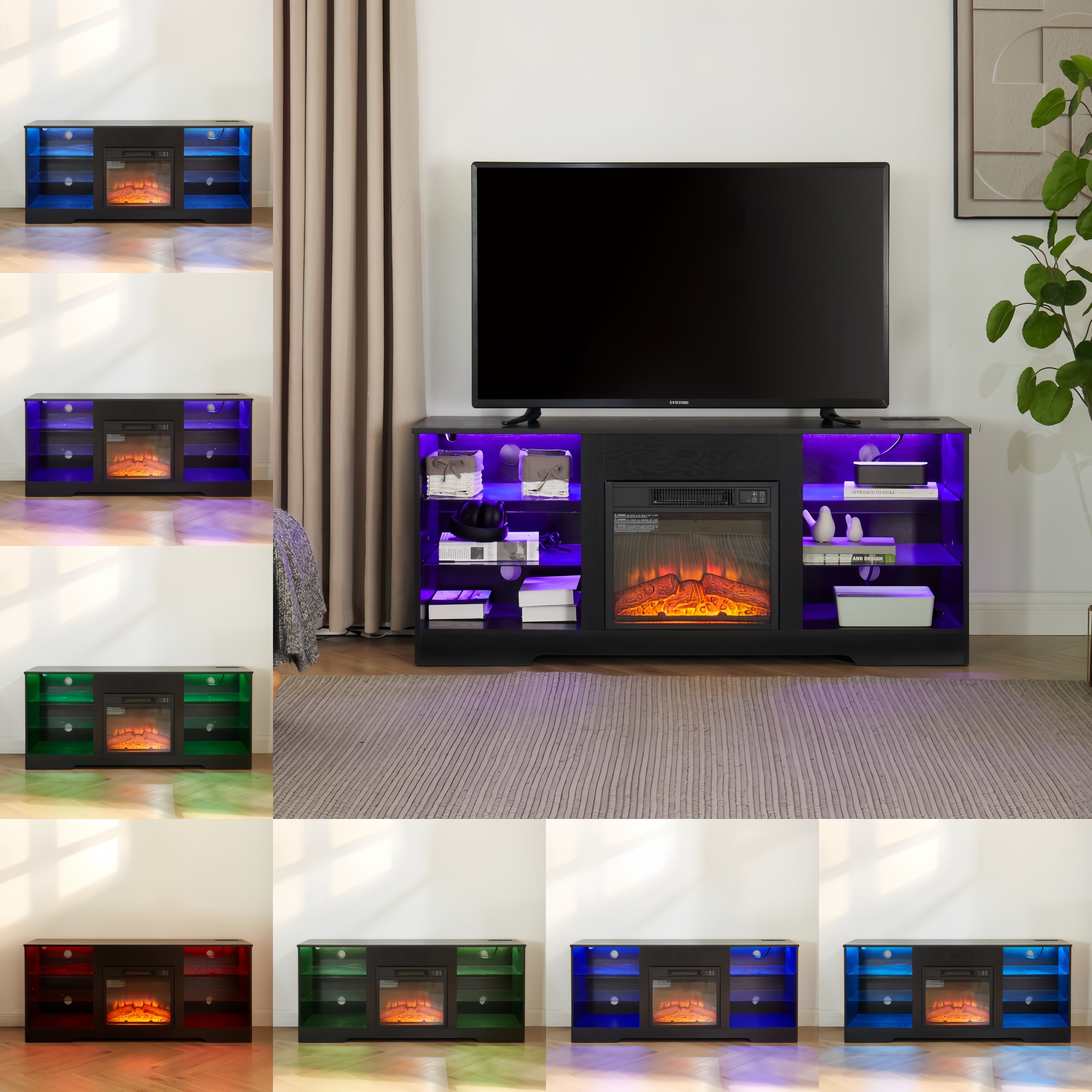 TV Stand Electric Fireplace TV Stand with Glass Shelves – view 6