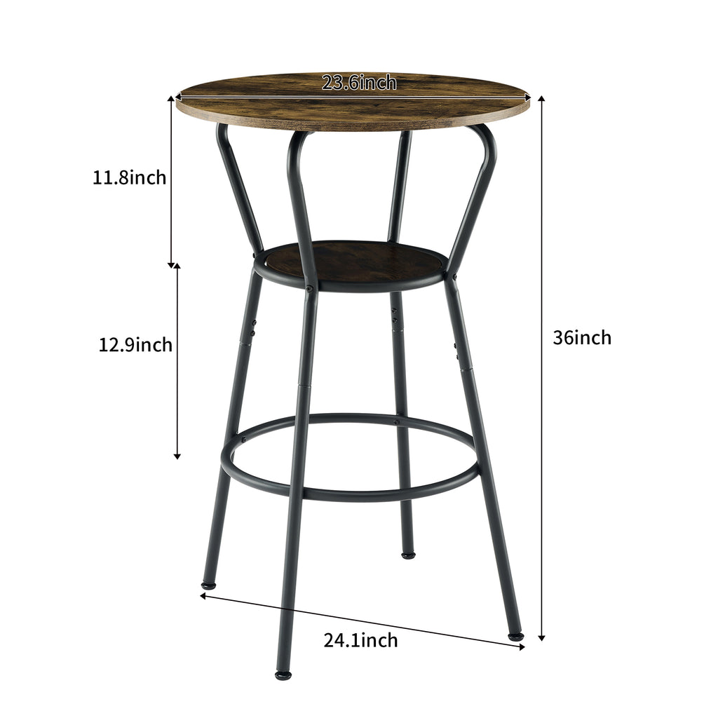 Round bar table and stool set with shelf, upholstered stool with backrest, Rustic Brown – view 10