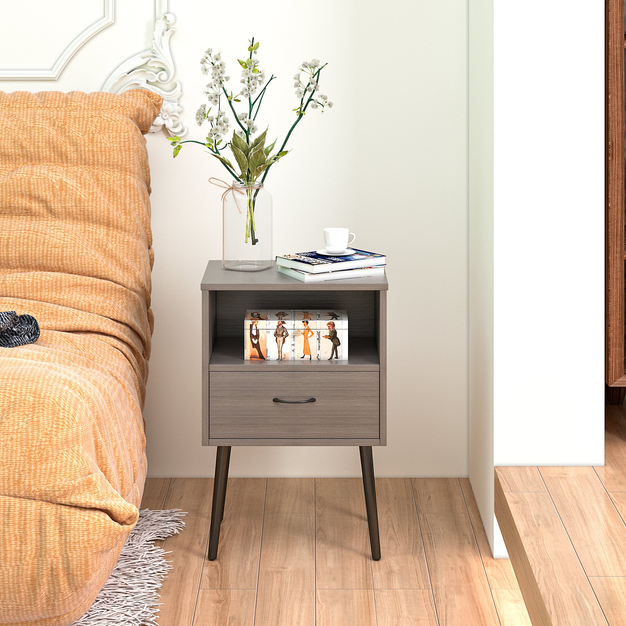 Two sets of Nightstand,modern style bedside table, With storage drawers and open wooden shelves, Suitable for living rooms, Bedrooms and small spaces. Decorative bedside tables in two sets, Easy to as