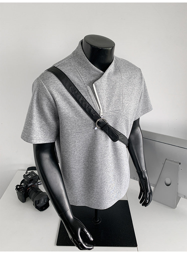 Men's Huamian Cotton Diagonal Zipper V-neck Short Sleeve T-Shirt