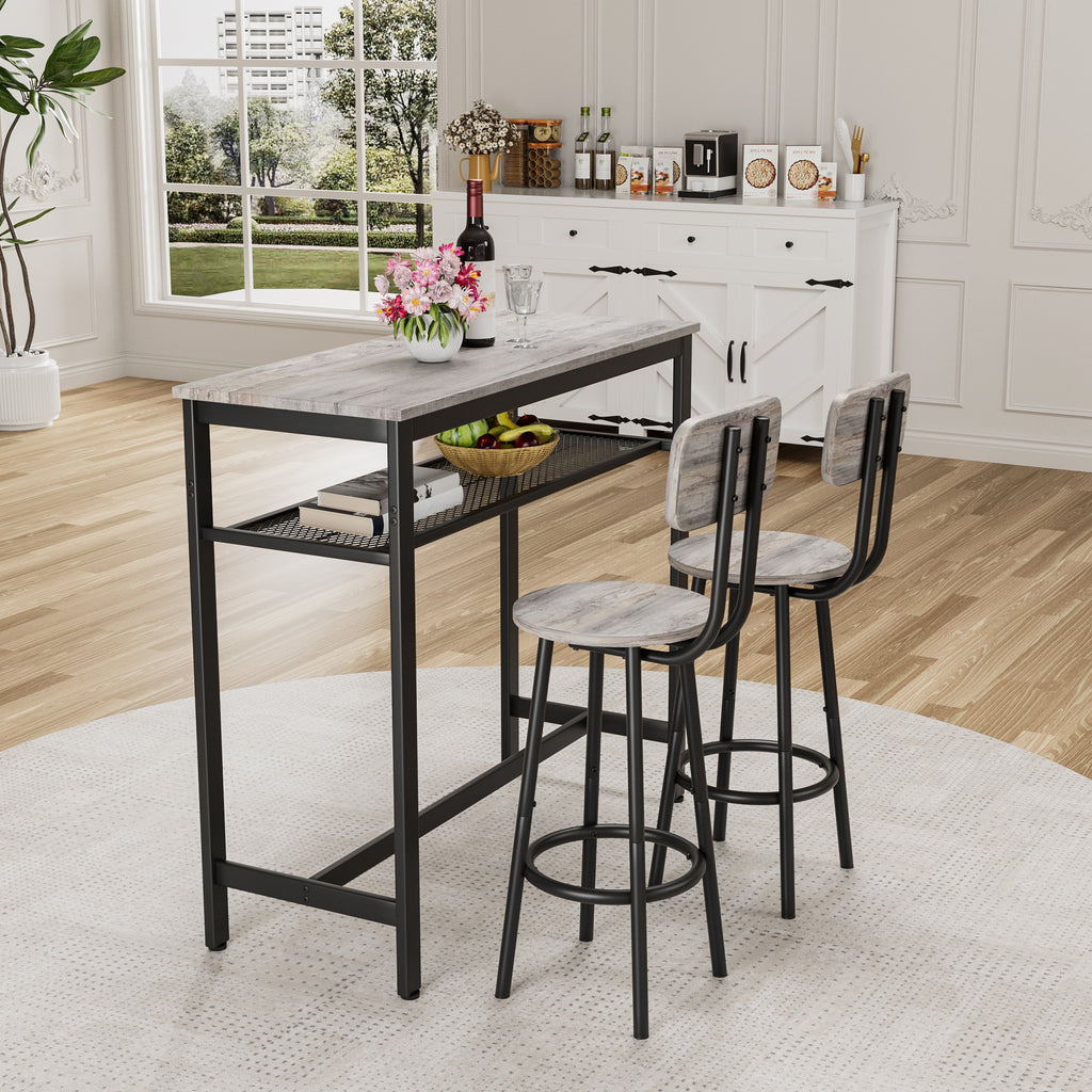 Bar Table and Chairs Set, Square Table With 2 Stools, Dining Pub Set for 2, Space Saving for Kitchen Breakfast, Living Room, Party Room, Grey