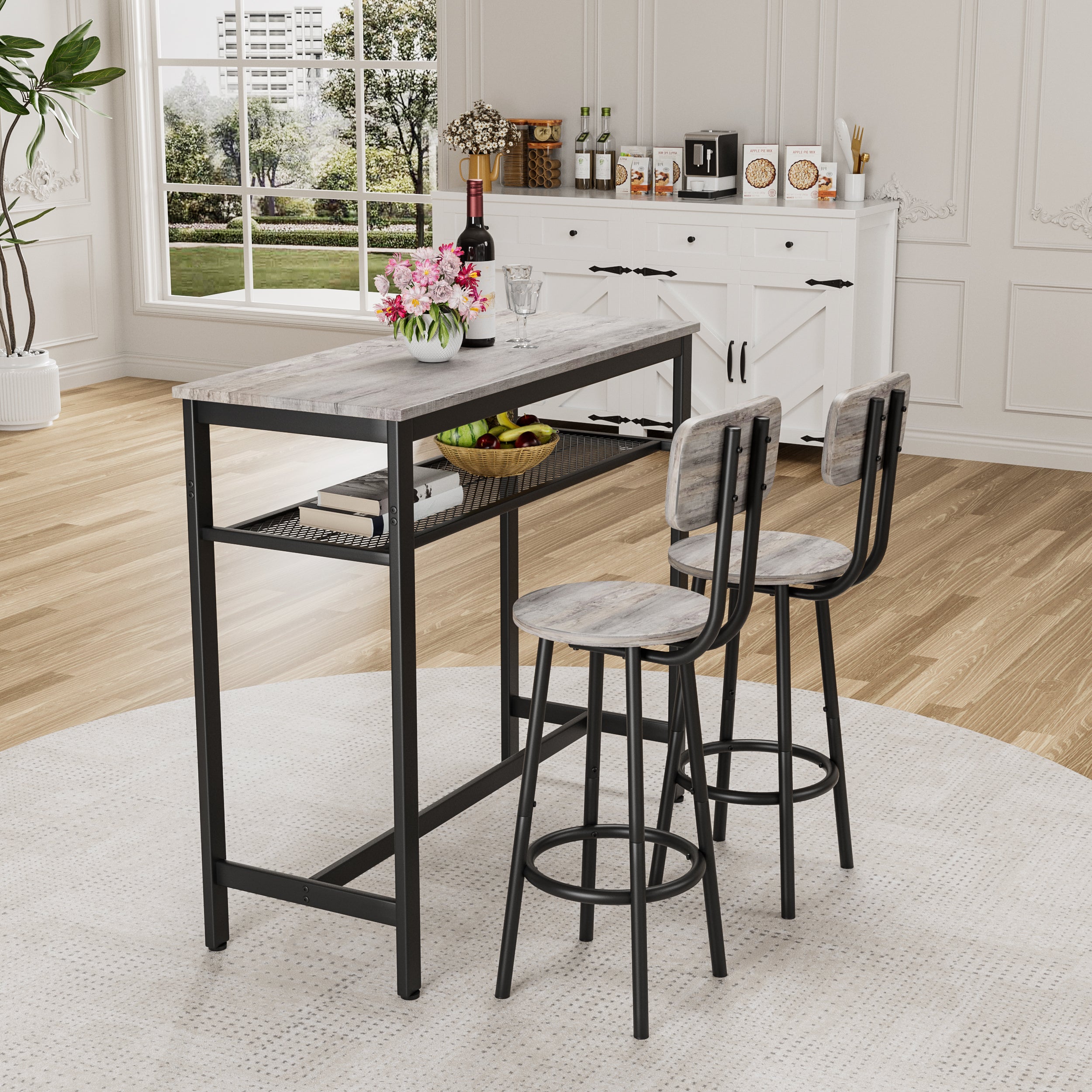 Bar Table and Chairs Set, Square Table With 2 Stools, Dining Pub Set for 2, Space Saving for Kitchen Breakfast, Living Room, Party Room, Grey