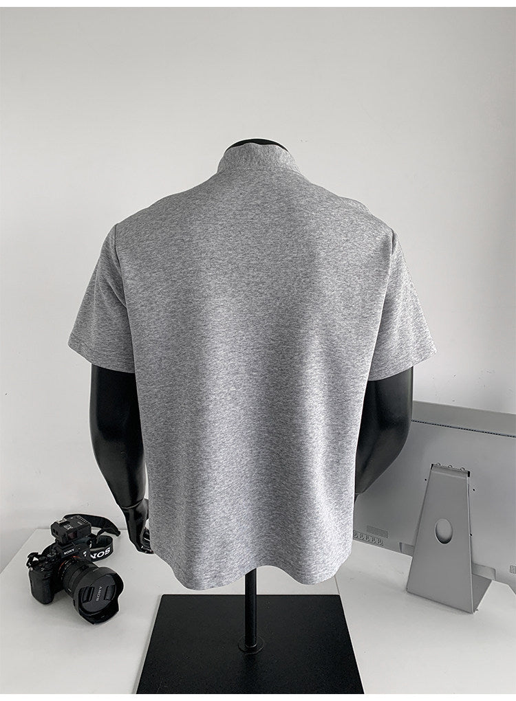 Men's Huamian Cotton Diagonal Zipper V-neck Short Sleeve T-Shirt