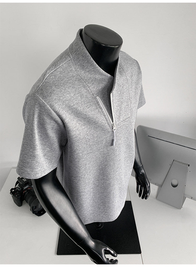 Men's Huamian Cotton Diagonal Zipper V-neck Short Sleeve T-Shirt