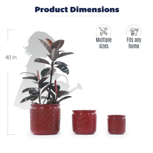 Handmade Ceramic Planter Set of 3, 15/12/9 Inch Diameter, Burgundy Diamond-Pattern, for Orchids & Indoor Plants, Windowsill & Bookshelf Use, Breathable Clay