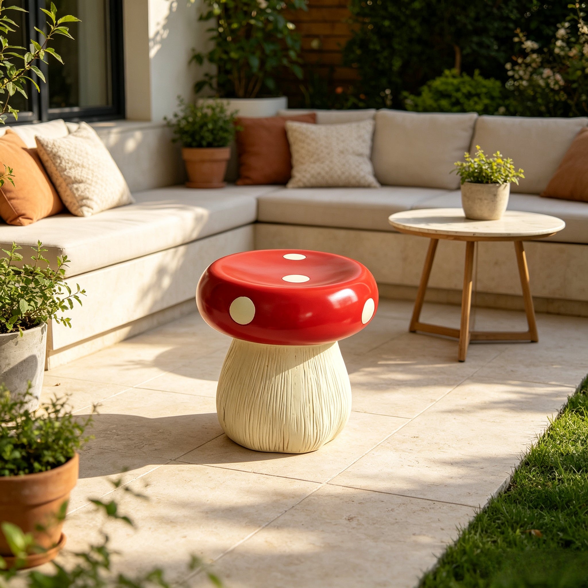 13.8" Oversized Mushroom Statue Stool, Resin Garden Stool with Forest Base – view 6