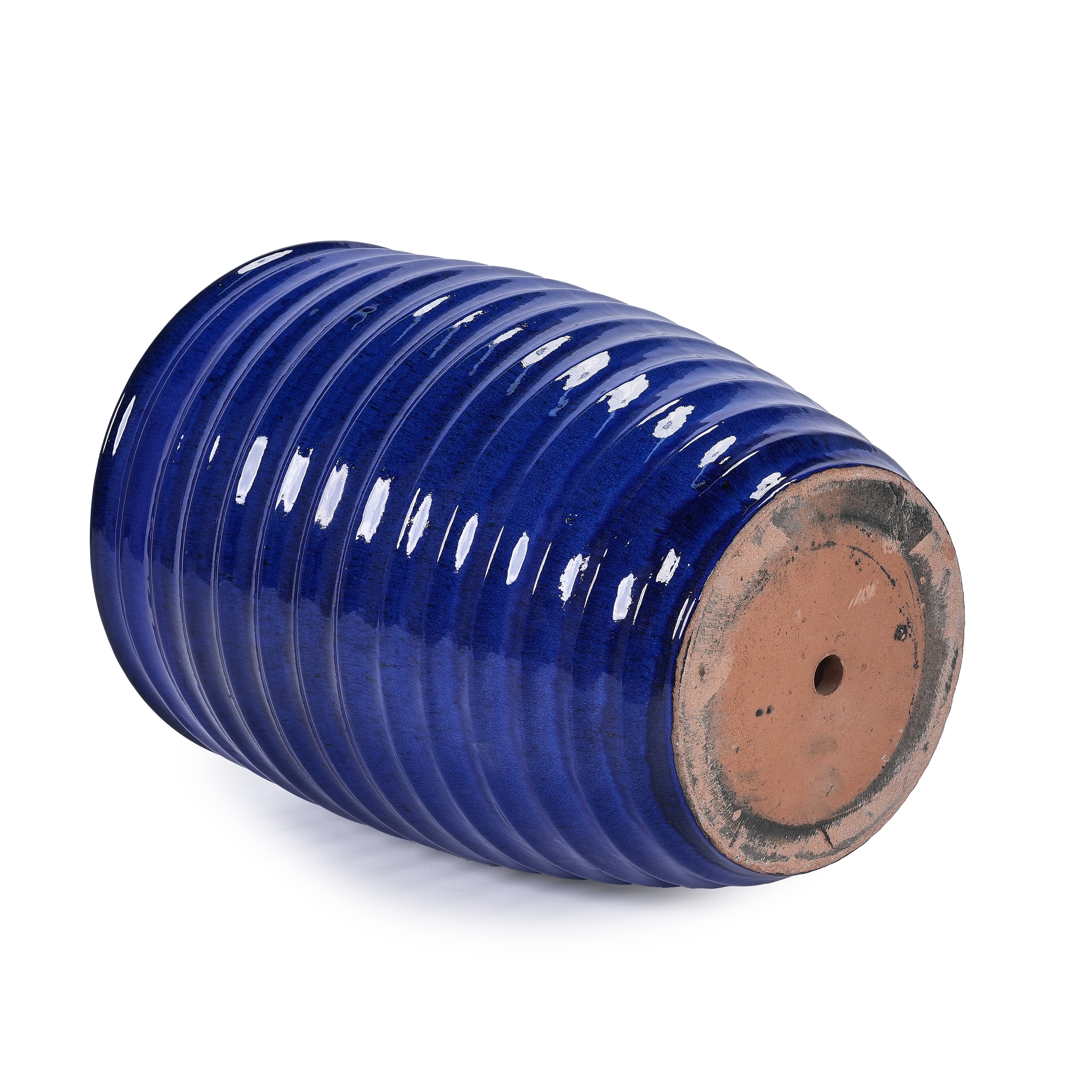 Handmade Sapphire Blue Ceramic Planter, 17 Inch Diameter, 1 Piece, Horizontal Ripples Pattern, for Monstera and Fiddle Leaf Fig, Indoor & Outdoor Doorway Use, Breathable Clay