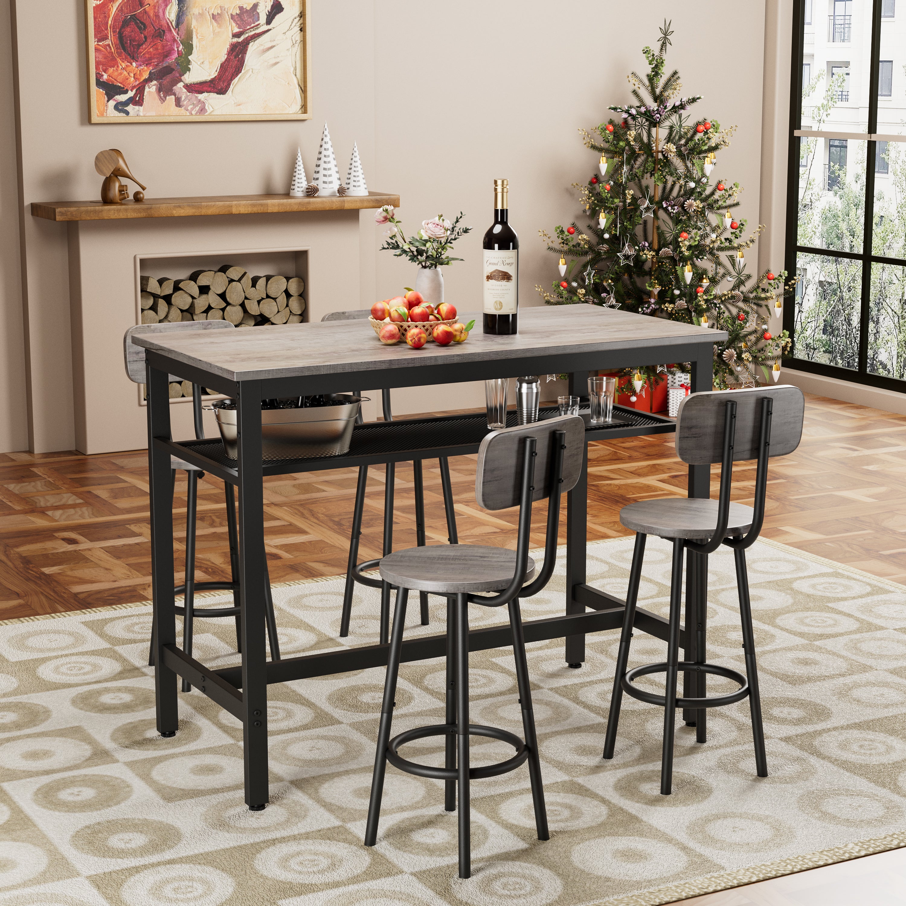 Bar Table and Chairs Set for 4, 5 Piece Counter Height High Breakfast Table Chairs Set of 4 for Dining Room, Kitchen, Bar, Apartment,Gray