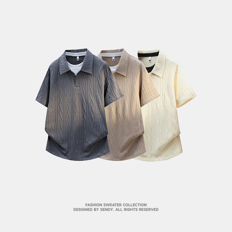 Men's Trendy Loose Jacquard Polo Fake Two-Piece Short Sleeve T-Shirt, Streetwear Half Sleeve Top for Students