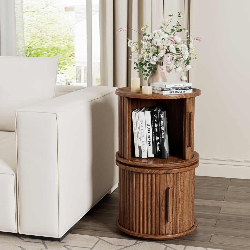 2Piece Round Coffee Table Set, Modern Nesting Side Tables with Sliding Door Storage, Walnut Finish Sofa End Table & Bedside Nightstand for Living Room & Bedroom, Fluted Roman Column Design Accent Tab