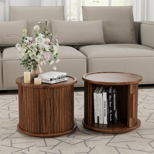 2Piece Round Coffee Table Set, Modern Nesting Side Tables with Sliding Door Storage, Walnut Finish Sofa End Table & Bedside Nightstand for Living Room & Bedroom, Fluted Roman Column Design Accent Tab