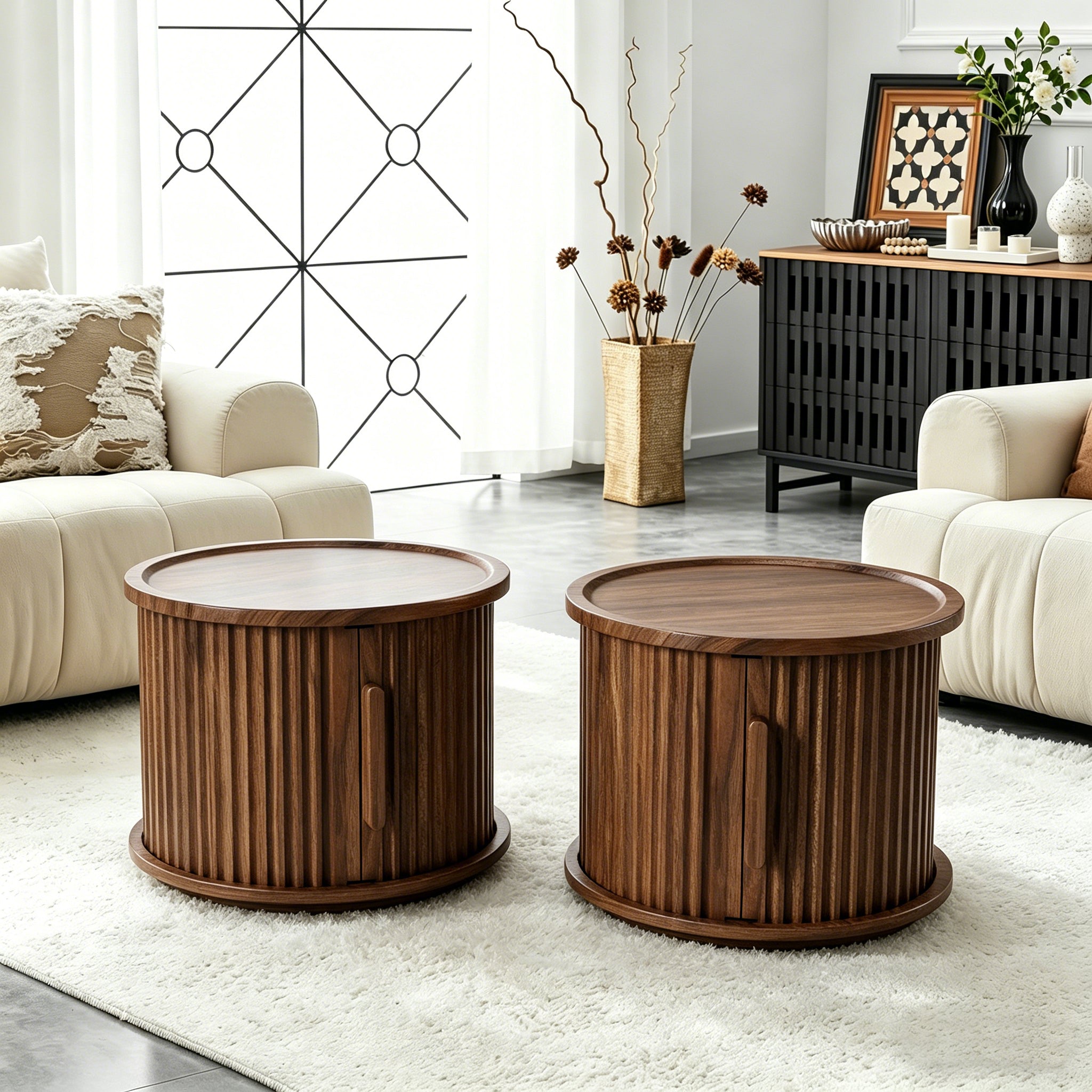 2Piece Round Coffee Table Set, Modern Nesting Side Tables with Sliding Door Storage, Walnut Finish Sofa End Table & Bedside Nightstand for Living Room & Bedroom, Fluted Roman Column Design Accent Tab