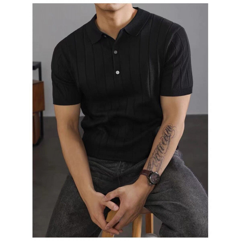 Men's Vintage Ribbed Ice Silk Knit Polo Shirt, Lapel Collar Mature Style Short Sleeve Top