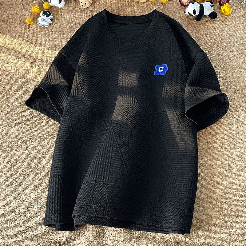 Men's Plus Size Textured Short Sleeve T-Shirt, Summer Letter Brush Embroidery Casual Loose Tee
