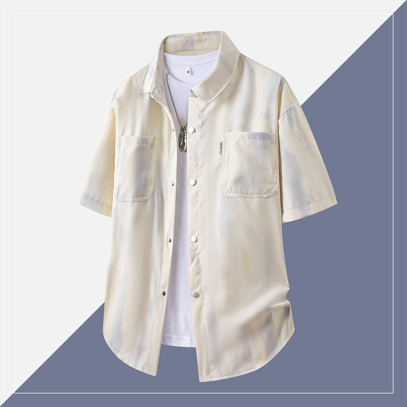 Men's Gradient Workwear Short-Sleeve Shirt, Summer New Tie-Dye Casual Loose Ice Silk Shirt, Fashion Teenagers Breathable Button Down Shirts