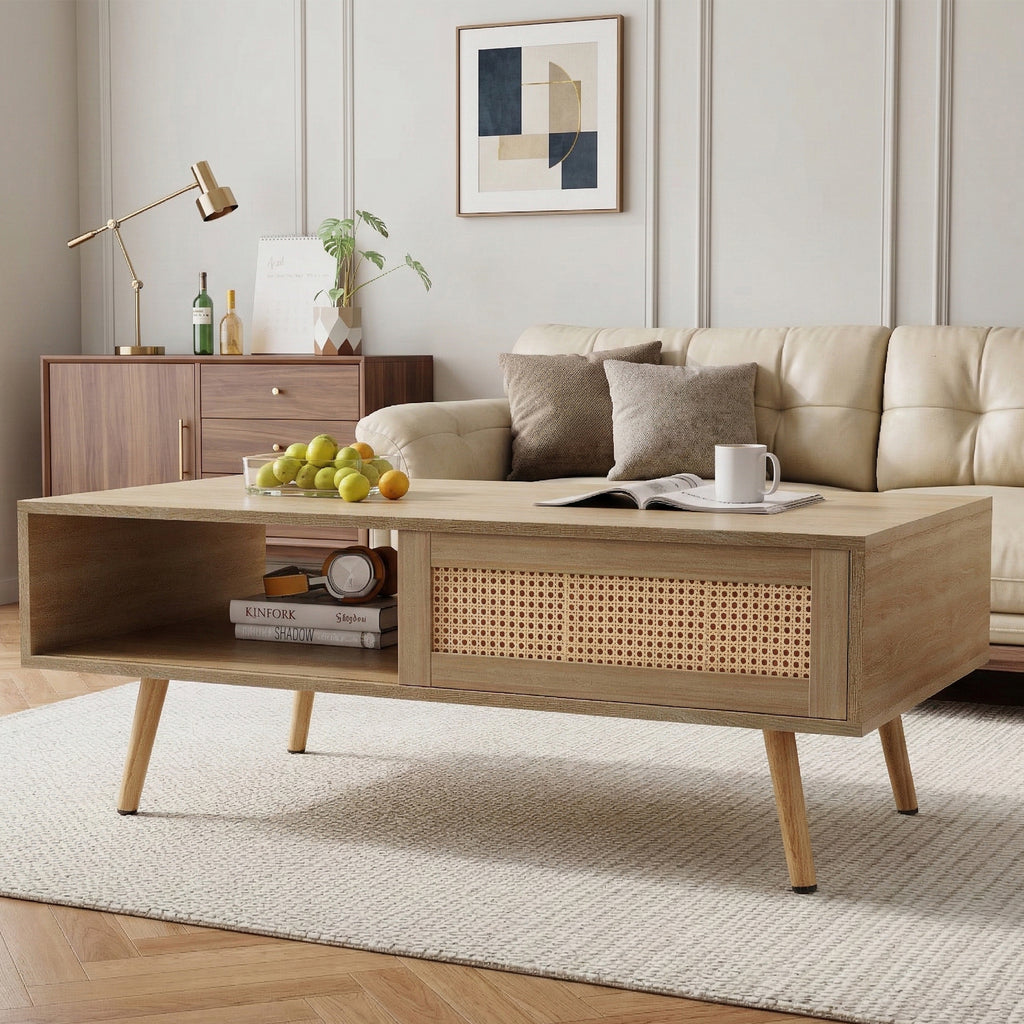 41.34" Rattan Coffee table, sliding door for storage, solid wood legs