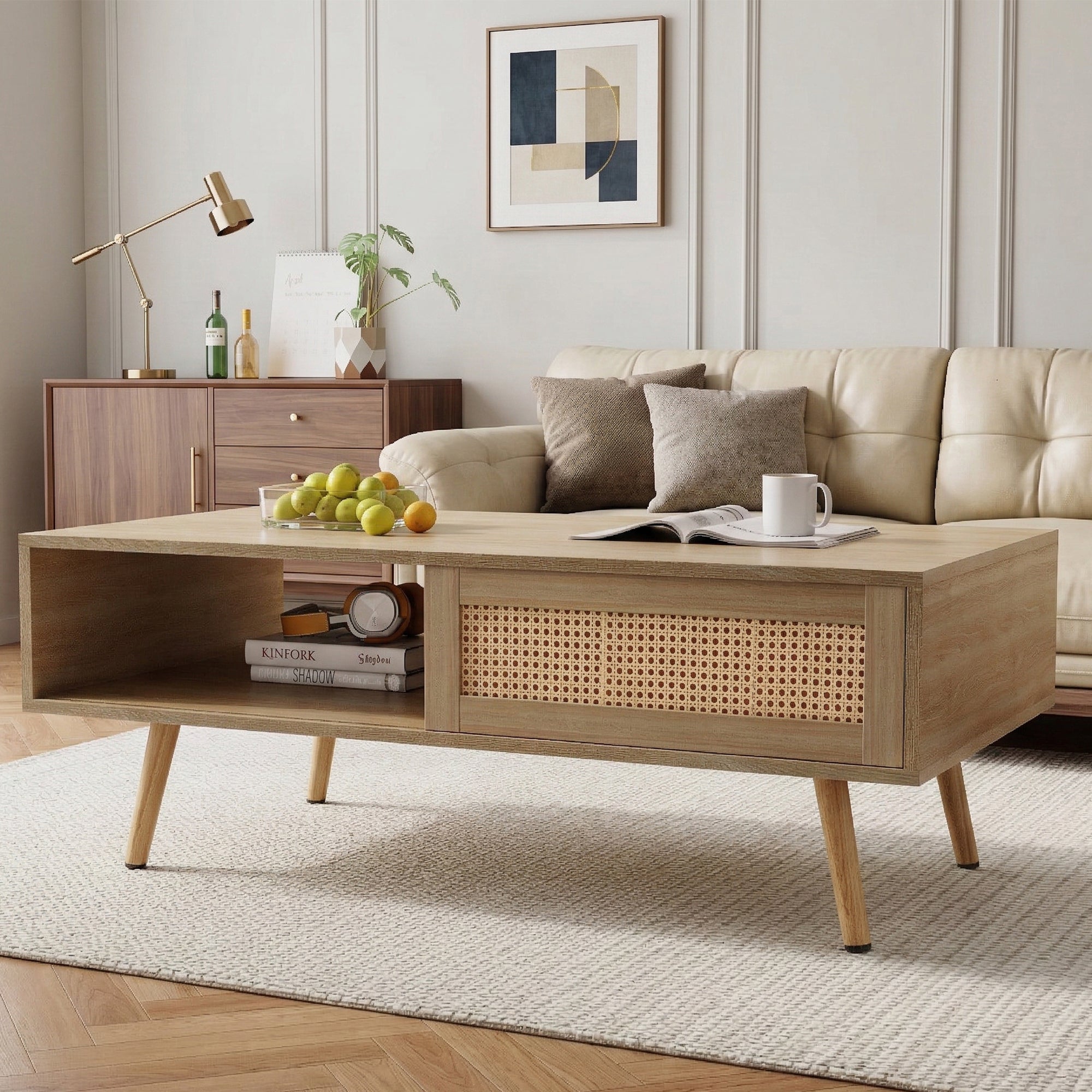 41.34" Rattan Coffee table, sliding door for storage, solid wood legs