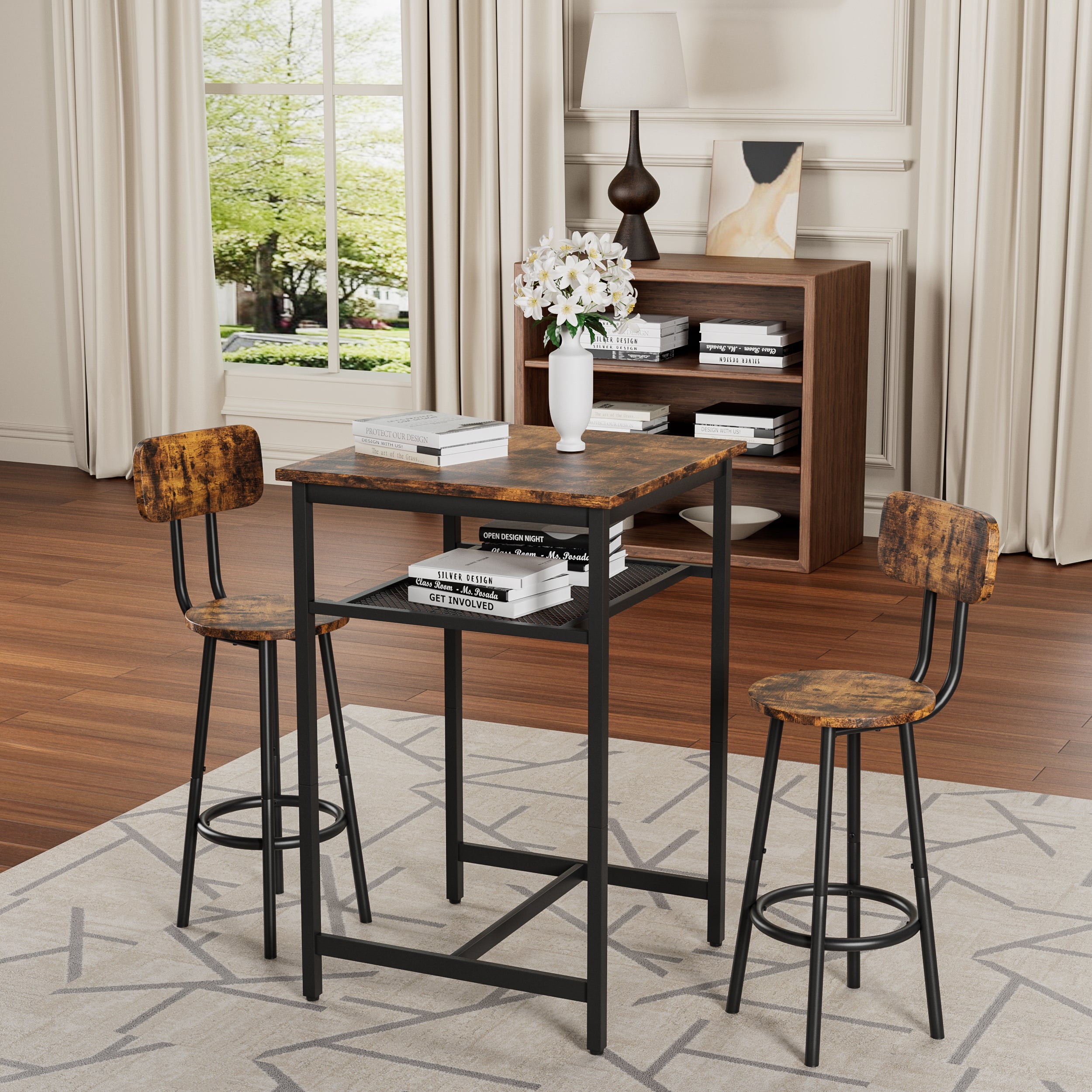 Bar table, equipped with 2 bar stools , with backrest and partition (Rustic Brown)
