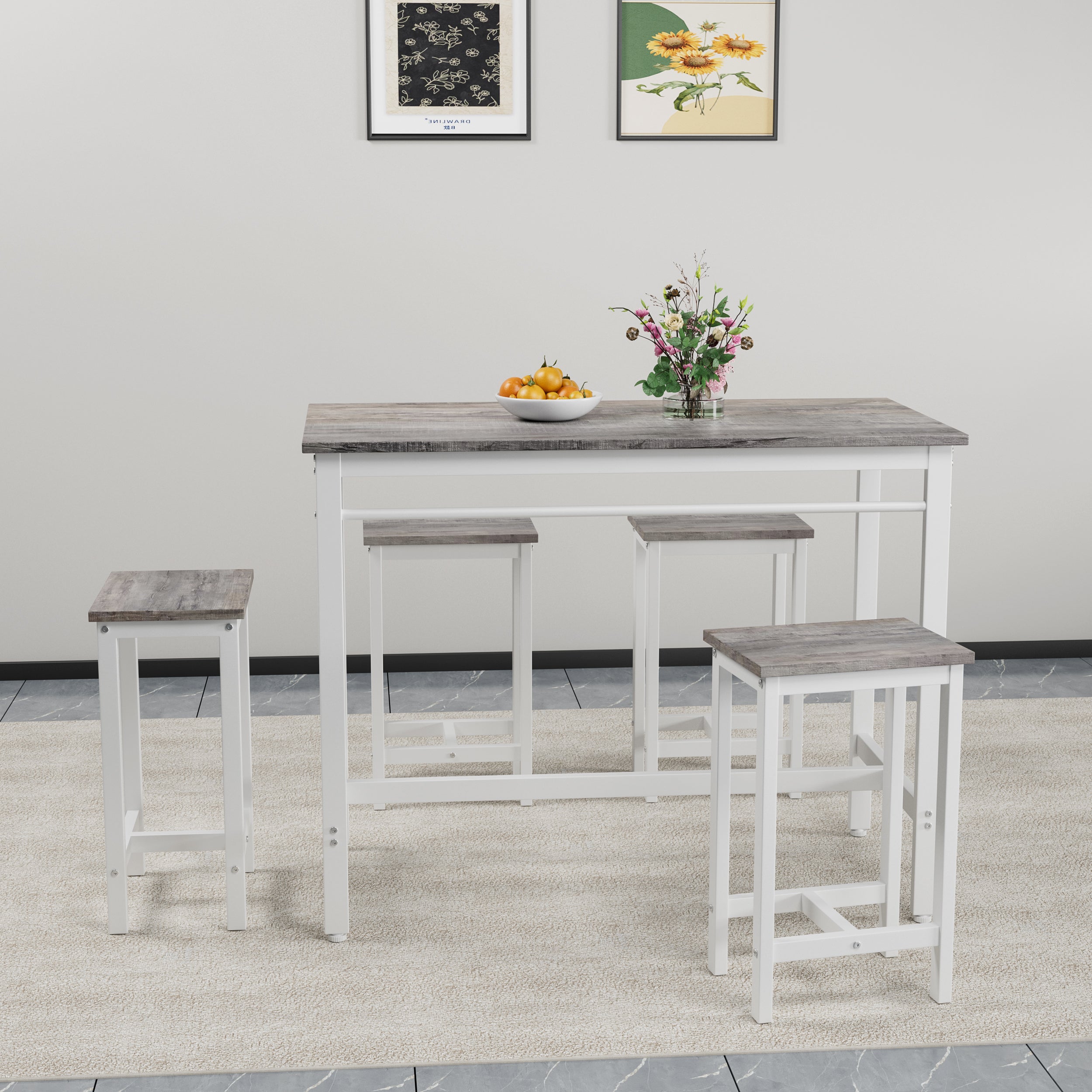 5-piece modern kitchen table with four bar stools Bar table set 5PC,metal frame and MDF, white oak,47.5'' L x 23.7'' W x 35.5'' H.