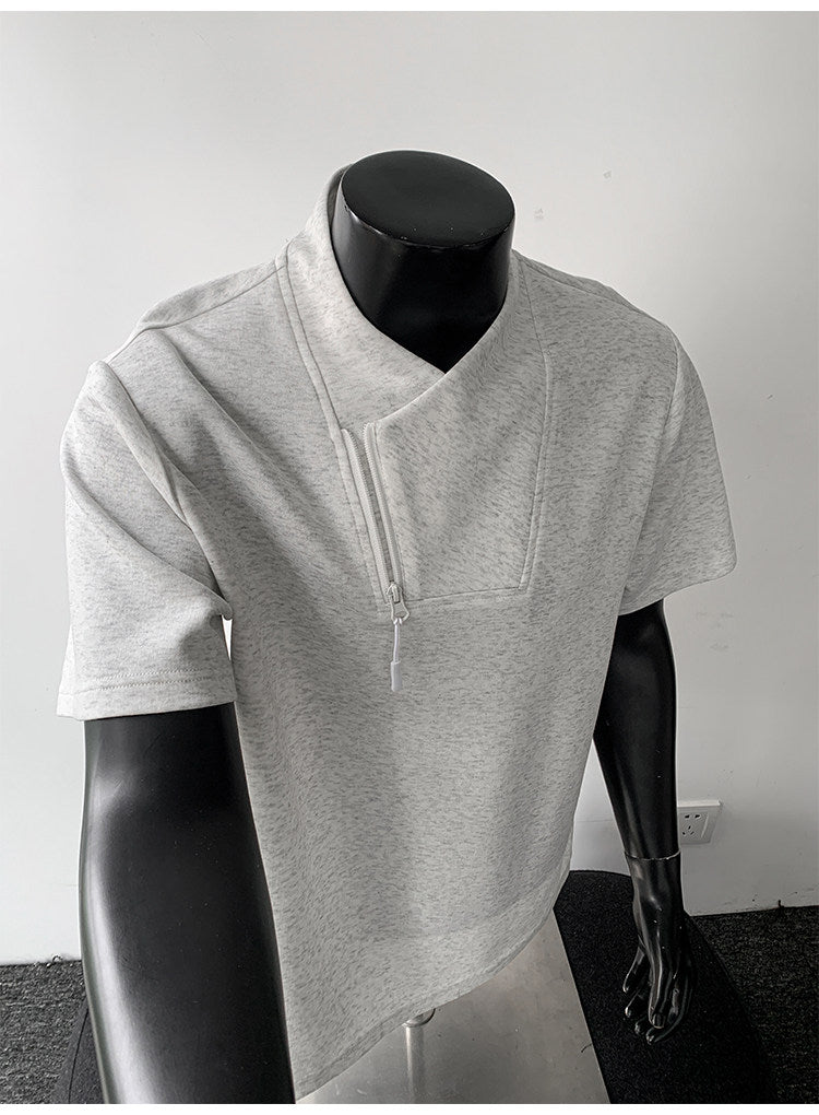Men's Huamian Cotton Diagonal Zipper V-neck Short Sleeve T-Shirt