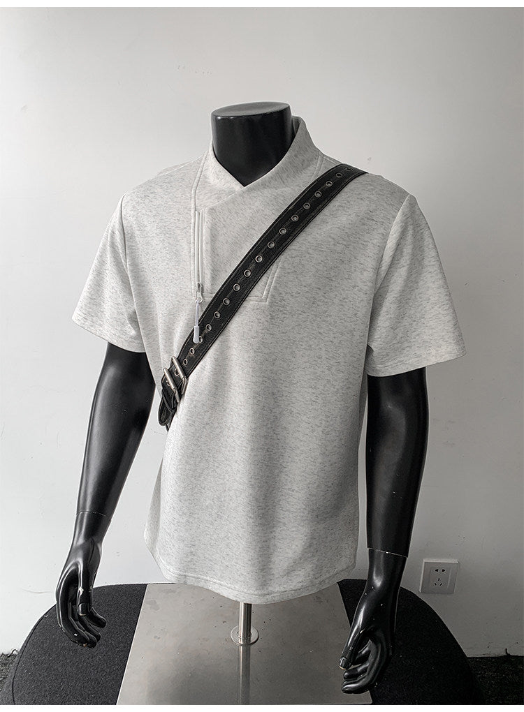 Men's Huamian Cotton Diagonal Zipper V-neck Short Sleeve T-Shirt