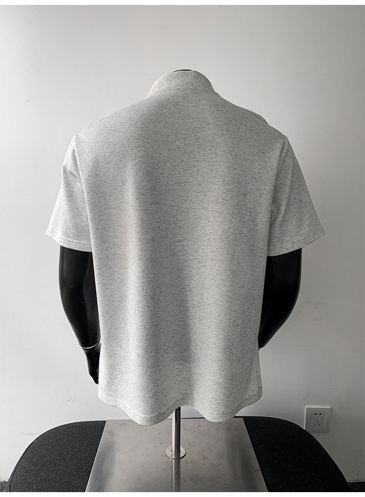 Men's Huamian Cotton Diagonal Zipper V-neck Short Sleeve T-Shirt