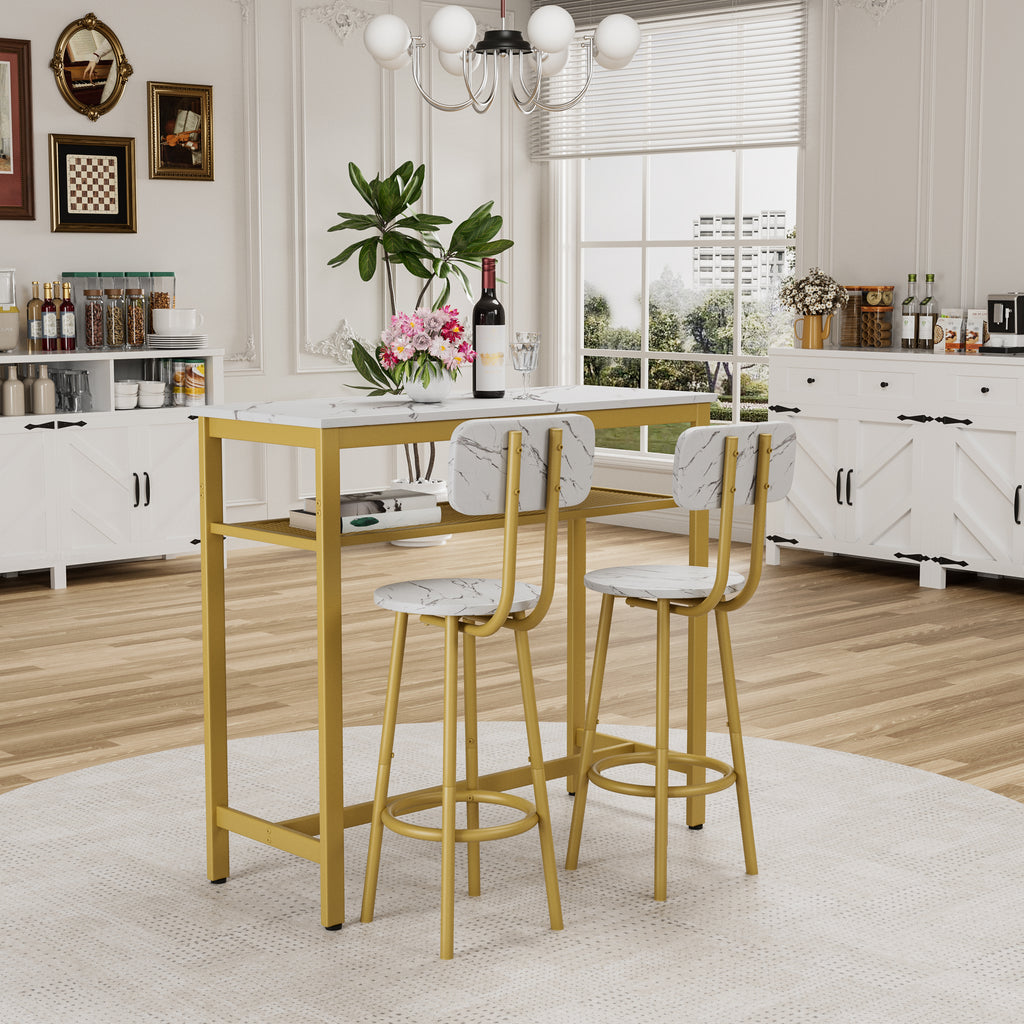 Dining Table Set with 2 Stools,3 Piece Counter Height for Kitchen, Living Room, Small Apartment Breakfast Table White Faux Marble Top