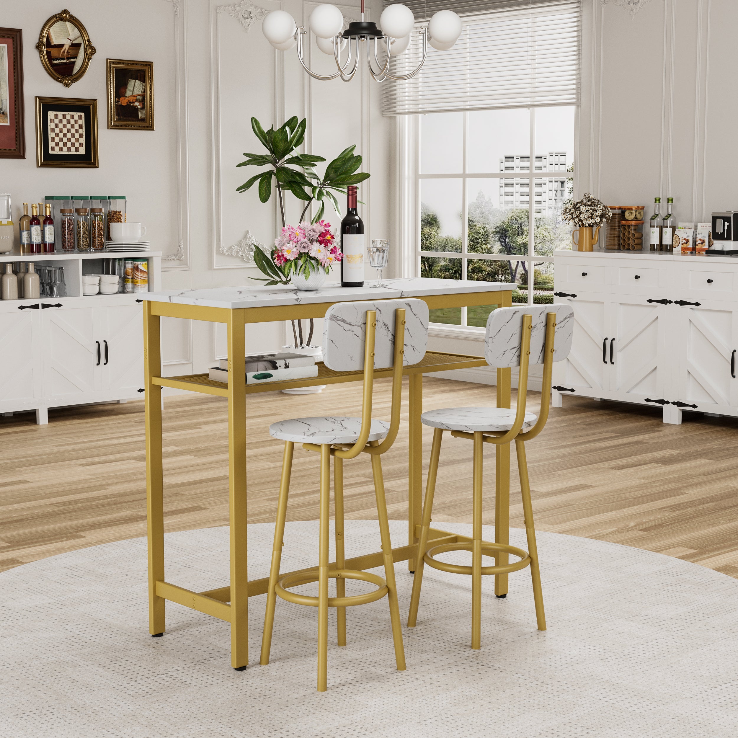 Dining Table Set with 2 Stools,3 Piece Counter Height for Kitchen, Living Room, Small Apartment Breakfast Table White Faux Marble Top