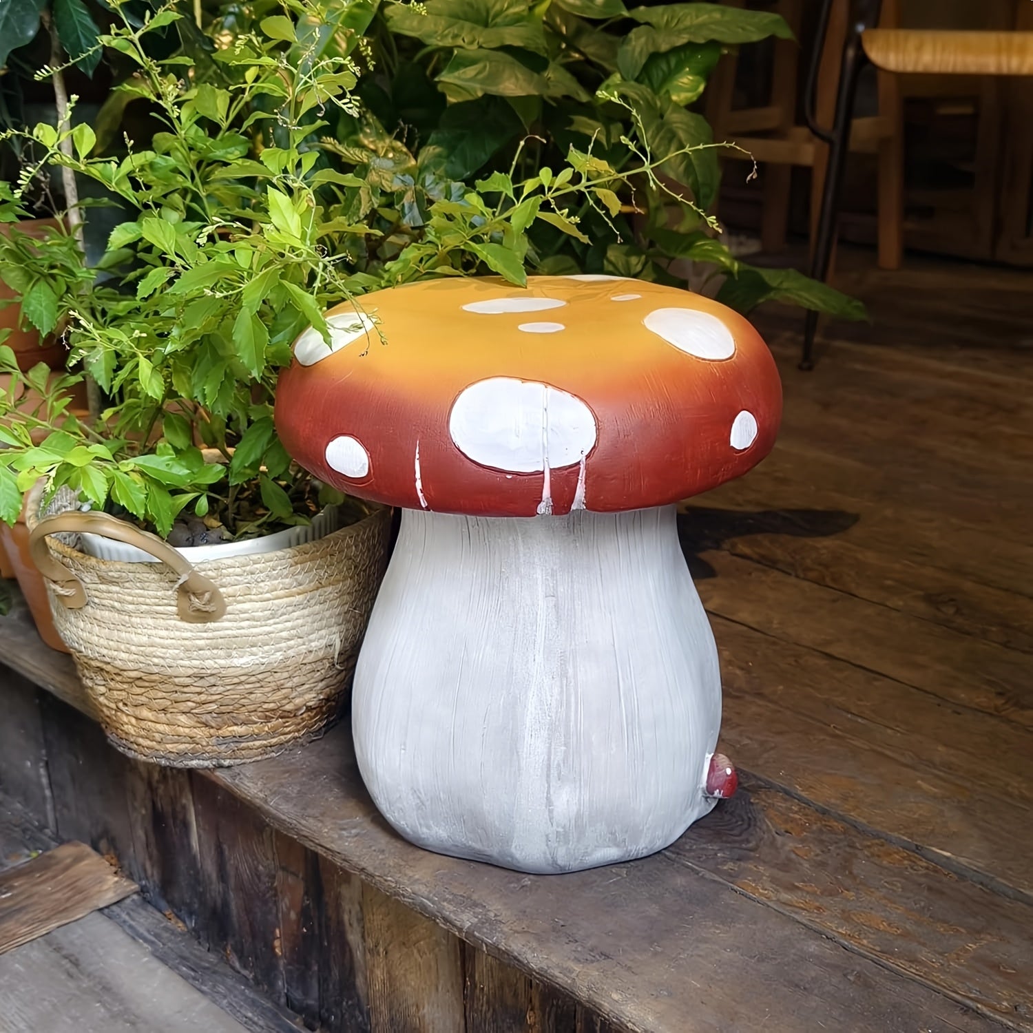 13.4" Oversized Mushroom Statue Stool, Resin Garden Stool with Forest Base – view 7
