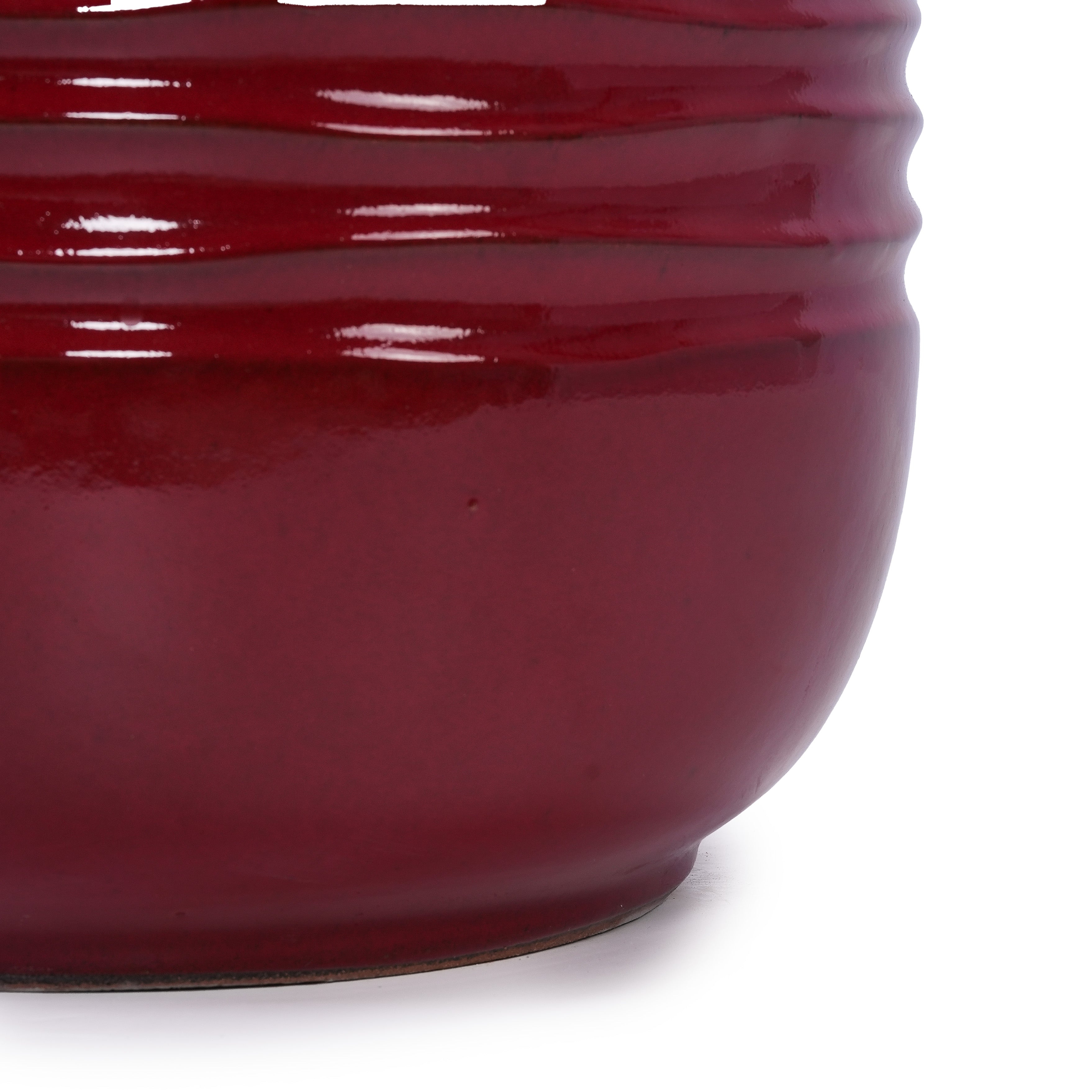 Handmade Glazed Ceramic Planter Set of 3, 15/11/8 Inch Diameter, Horizontal Groove Pattern, for Succulents & Flowering Plants Outdoor Garden & Indoor Staircase Bookshelf Use, Breathable Clay, Deep Red